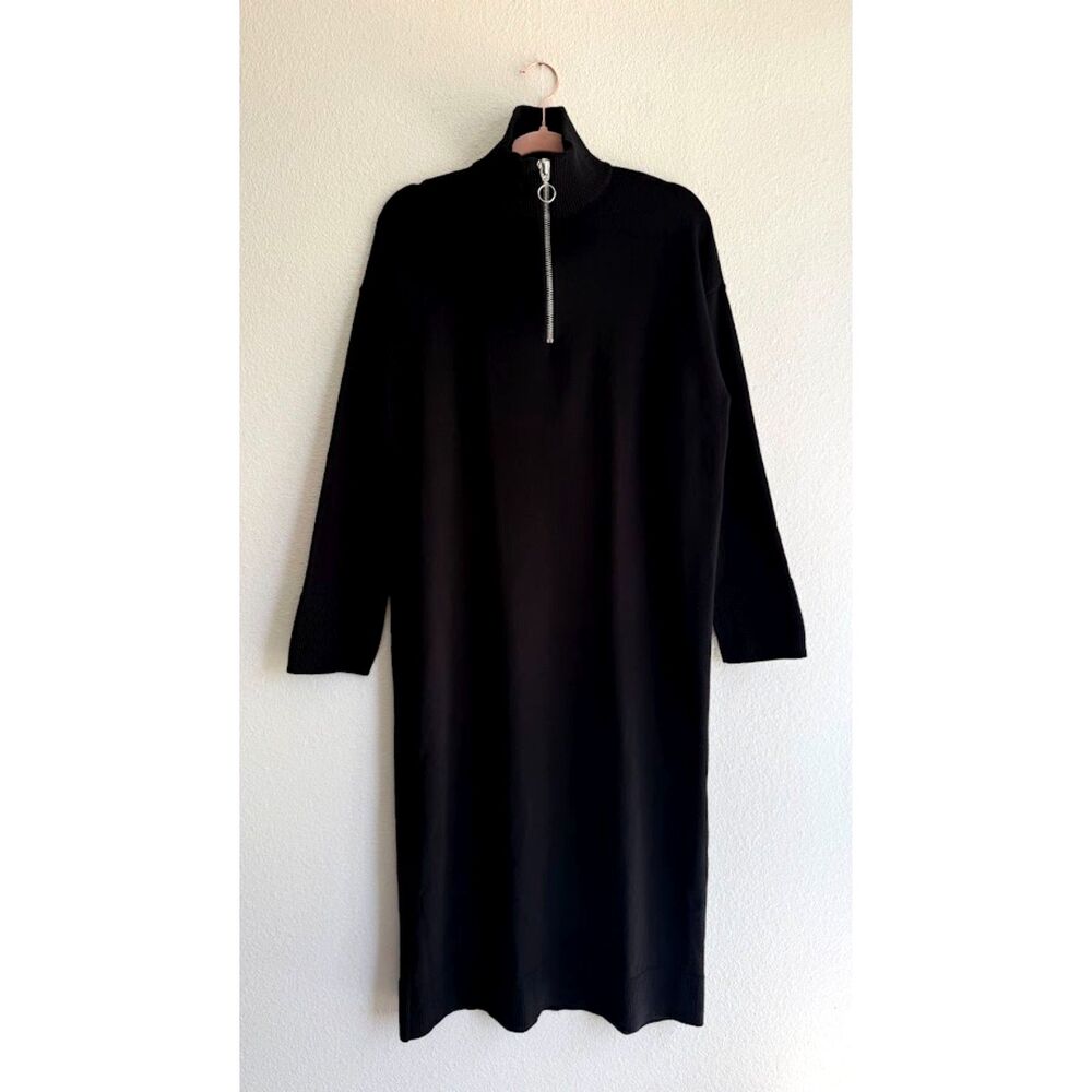 Zara Black Quarter Zip Maxi Sweater Dress with Ribbed Knit Trim size Small NWOT